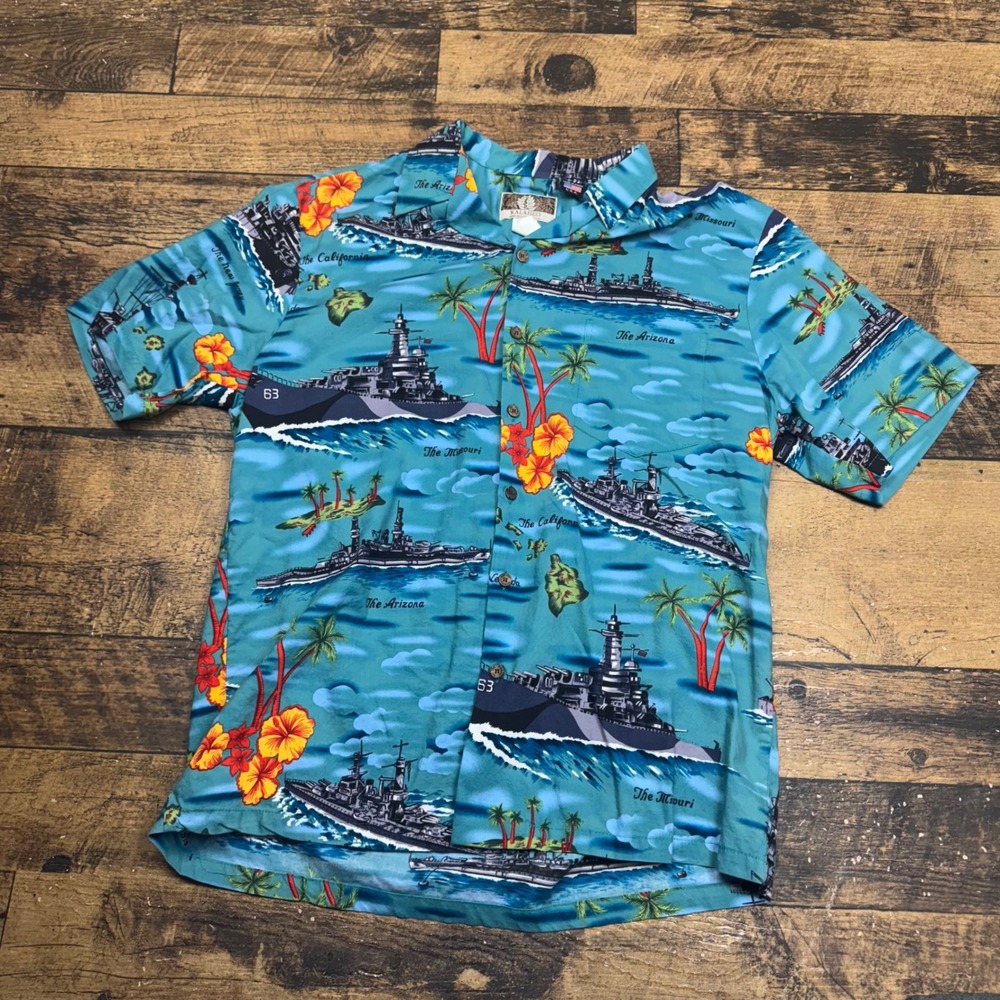 KALAHEO Mens Hawaiian Shirt Battleship Print Aloha Button Up‎ Size L Made in USA